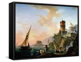 View of a Mediterranean Port-Charles Francois Lacroix de Marseille-Framed Stretched Canvas