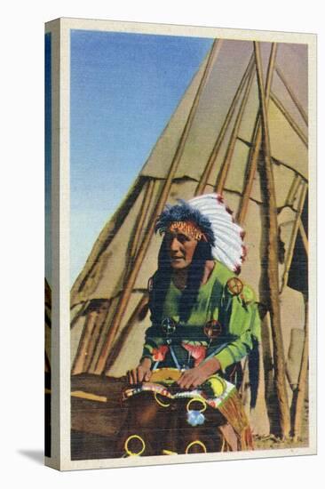 View of a Native American outside of Teepee-Lantern Press-Stretched Canvas
