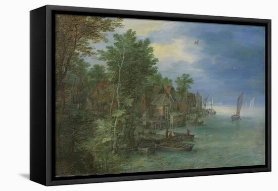 View of a Village Along a River-Jan Brueghel-Framed Stretched Canvas