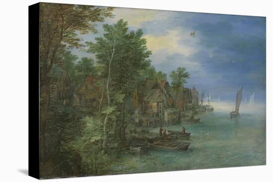 View of a Village Along a River-Jan Brueghel-Stretched Canvas