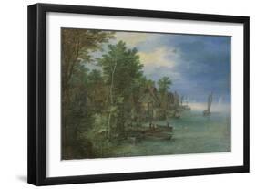 View of a Village Along a River-Jan Brueghel-Framed Art Print