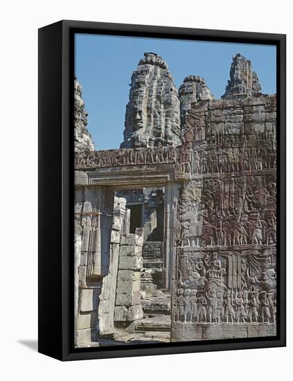 View of a Wall of the Temple of Bayon with Carved Reliefs-Cambodian-Framed Stretched Canvas
