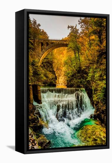 View of a waterfall from the slot canyon hike in Triglav National Park, Slovenia, Europe-Laura Grier-Framed Stretched Canvas