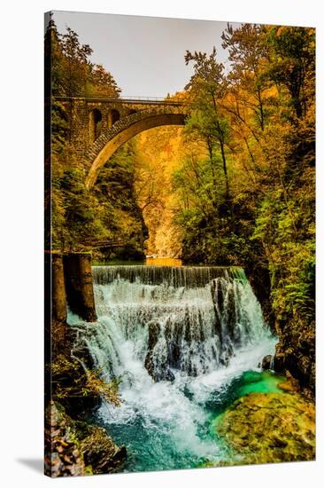 View of a waterfall from the slot canyon hike in Triglav National Park, Slovenia, Europe-Laura Grier-Stretched Canvas