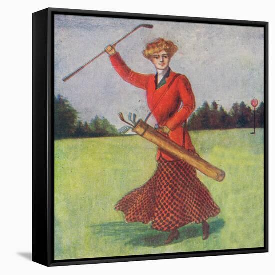 View of a Woman in Red Golfing-Lantern Press-Framed Stretched Canvas