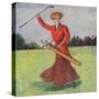 View of a Woman in Red Golfing-Lantern Press-Stretched Canvas