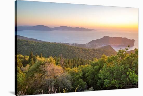 View of Assos, coastline, sea and hills at sunset, Kefalonia, Ionian Islands, Greek Islands, Greece-Frank Fell-Stretched Canvas