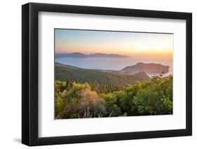 View of Assos, coastline, sea and hills at sunset, Kefalonia, Ionian Islands, Greek Islands, Greece-Frank Fell-Framed Photographic Print