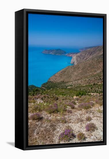 View of Assos, coastline, sea and hills near Agkonas, Kefalonia, Ionian Islands, Greek Islands-Frank Fell-Framed Stretched Canvas
