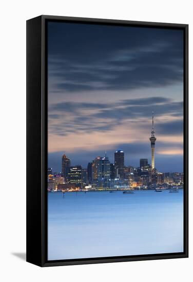 View of Auckland Skyline at Dusk, Auckland, North Island, New Zealand, Pacific-Ian-Framed Stretched Canvas