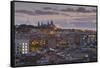 View of Barcelona at dusk, Barcelona, Catalonia, Spain, Europe-Frank Fell-Framed Stretched Canvas