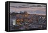 View of Barcelona at dusk, Barcelona, Catalonia, Spain, Europe-Frank Fell-Framed Stretched Canvas