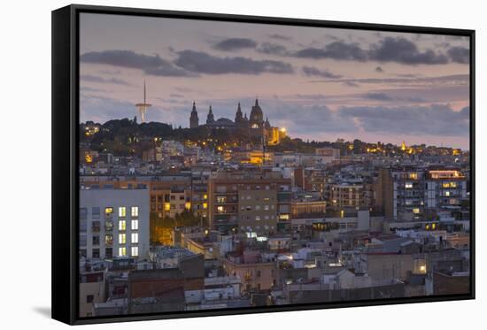 View of Barcelona at dusk, Barcelona, Catalonia, Spain, Europe-Frank Fell-Framed Stretched Canvas