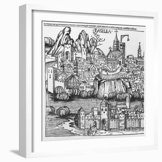 View of Basel, Illustration from the Chronicle of Nurnberg by Hartmann Schedel 1493-null-Framed Giclee Print