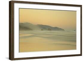 View of beach and distant sea stacks at dusk, Cannon Beach, Oregon, USA-Bill Coster-Framed Photographic Print