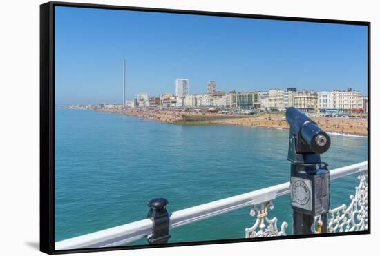 View of beach and telescope on a sunny day from Brighton Palace Pier, Brighton, East Sussex-Frank Fell-Framed Stretched Canvas