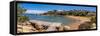 View of beach and whitewashed villas of Porto Rafael, Sardinia, Italy, Mediterranean, Europe-Frank Fell-Framed Stretched Canvas