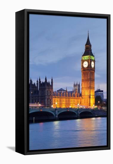 View of Big Ben and Houses of Parliament with Westminster Bridge at Thames River-null-Framed Stretched Canvas