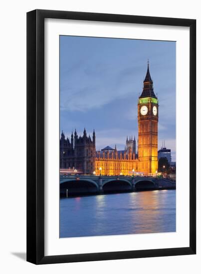 View of Big Ben and Houses of Parliament with Westminster Bridge at Thames River-null-Framed Photographic Print