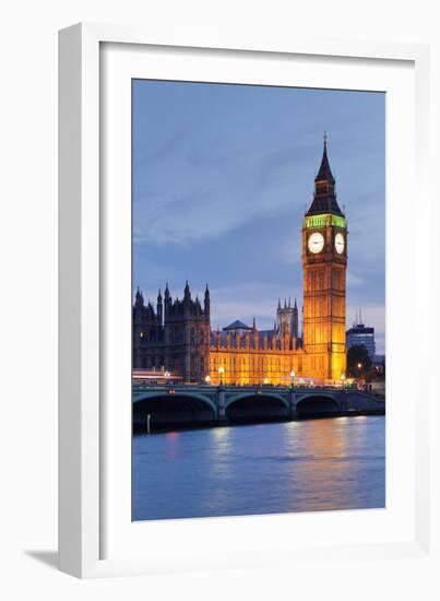 View of Big Ben and Houses of Parliament with Westminster Bridge at Thames River-null-Framed Photographic Print