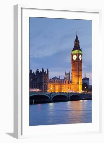 View of Big Ben and Houses of Parliament with Westminster Bridge at Thames River-null-Framed Photographic Print