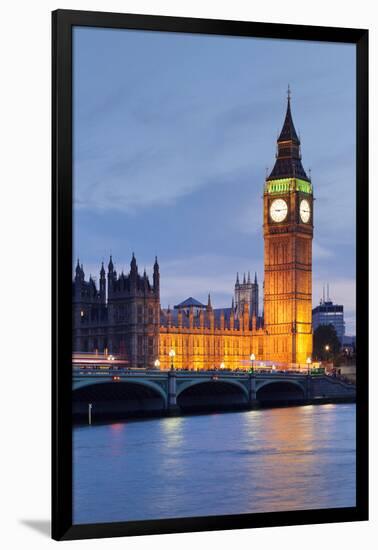 View of Big Ben and Houses of Parliament with Westminster Bridge at Thames River-null-Framed Photographic Print