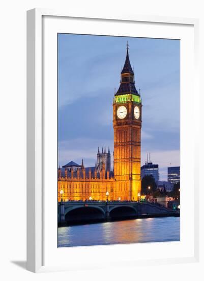 View of Big Ben and Houses of Parliament with Westminster Bridge at Thames River-null-Framed Photographic Print