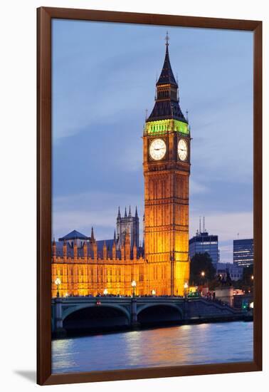 View of Big Ben and Houses of Parliament with Westminster Bridge at Thames River-null-Framed Photographic Print