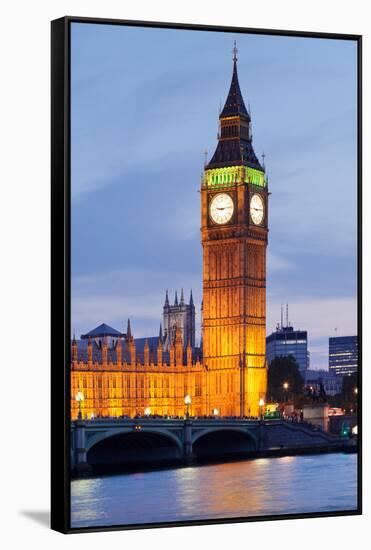 View of Big Ben and Houses of Parliament with Westminster Bridge at Thames River-null-Framed Stretched Canvas