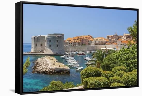 View of boats in Old Port, Dubrovnik, Dalmatian Coast, Adriatic Sea, Croatia, Eastern Europe.-Tom Haseltine-Framed Stretched Canvas