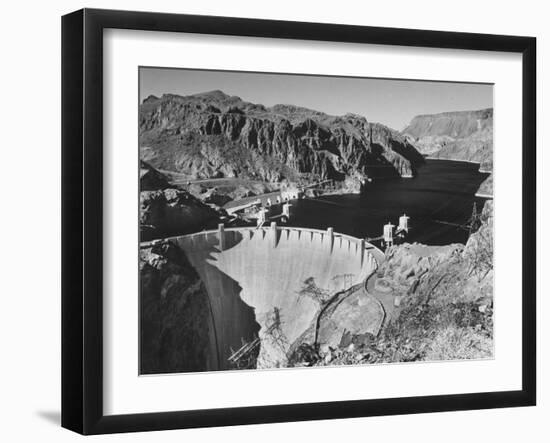 View of Boulder Dam, 726 Ft. High with Lake Mead, 115 Miles Long, Stretching Out in the Background-Andreas Feininger-Framed Premium Photographic Print