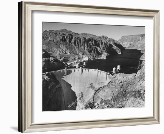 View of Boulder Dam, 726 Ft. High with Lake Mead, 115 Miles Long, Stretching Out in the Background-Andreas Feininger-Framed Photographic Print