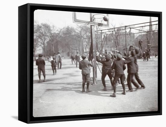 View of Boys Playing Basketball on a Court at Tompkins Square Park on Arbor Day, New York, 1904-Byron Company-Framed Stretched Canvas