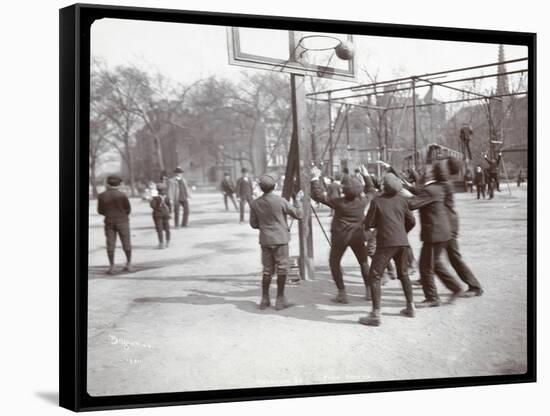 View of Boys Playing Basketball on a Court at Tompkins Square Park on Arbor Day, New York, 1904-Byron Company-Framed Stretched Canvas