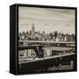 View of Brooklyn Bridge with the Empire State Buildings-Philippe Hugonnard-Framed Stretched Canvas