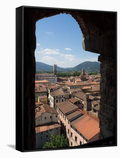 View of Buildings Through Window on Upper Level of Torre Guinigi, Lucca, Tuscany, Italy-null-Framed Stretched Canvas