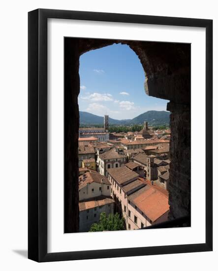 View of Buildings Through Window on Upper Level of Torre Guinigi, Lucca, Tuscany, Italy-null-Framed Photographic Print