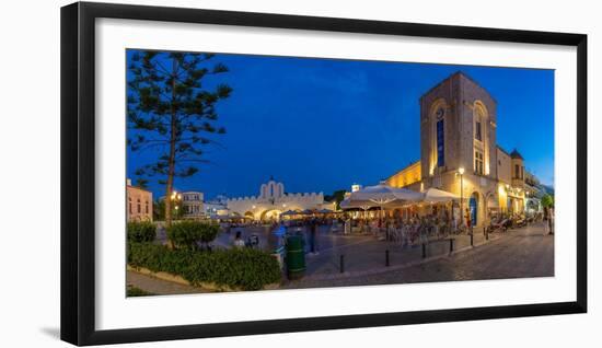 View of cafe and restaurant in Eleftherias Central Square in Kos Town at dusk, Kos, Dodecanese-Frank Fell-Framed Photographic Print