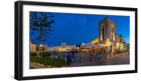 View of cafe and restaurant in Eleftherias Central Square in Kos Town at dusk, Kos, Dodecanese-Frank Fell-Framed Photographic Print