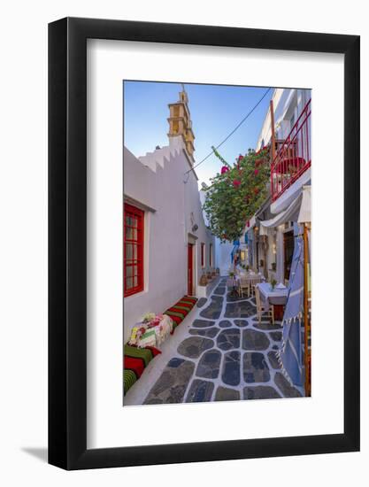 View of cafe in colourful narrow cobbled street, Mykonos Town, Mykonos, Cyclades Islands-Frank Fell-Framed Photographic Print