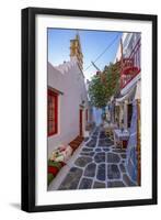 View of cafe in colourful narrow cobbled street, Mykonos Town, Mykonos, Cyclades Islands-Frank Fell-Framed Premium Photographic Print