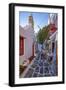 View of cafe in colourful narrow cobbled street, Mykonos Town, Mykonos, Cyclades Islands-Frank Fell-Framed Premium Photographic Print