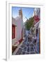 View of cafe in colourful narrow cobbled street, Mykonos Town, Mykonos, Cyclades Islands-Frank Fell-Framed Photographic Print