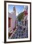 View of cafe in colourful narrow cobbled street, Mykonos Town, Mykonos, Cyclades Islands-Frank Fell-Framed Photographic Print