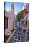 View of cafe in colourful narrow cobbled street, Mykonos Town, Mykonos, Cyclades Islands-Frank Fell-Stretched Canvas