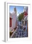 View of cafe in colourful narrow cobbled street, Mykonos Town, Mykonos, Cyclades Islands-Frank Fell-Framed Photographic Print