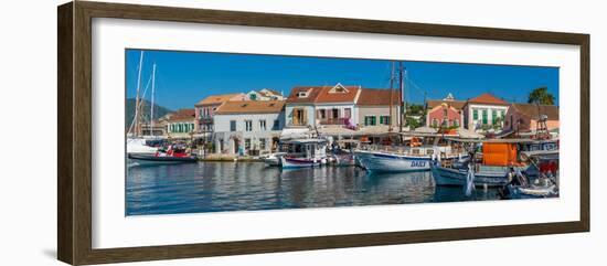 View of cafes and shops in Fiscardo harbour, Fiscardo, Kefalonia, Ionian Islands, Greek Islands-Frank Fell-Framed Photographic Print