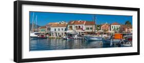 View of cafes and shops in Fiscardo harbour, Fiscardo, Kefalonia, Ionian Islands, Greek Islands-Frank Fell-Framed Photographic Print