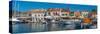 View of cafes and shops in Fiscardo harbour, Fiscardo, Kefalonia, Ionian Islands, Greek Islands-Frank Fell-Stretched Canvas