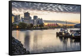 View of Canada Place and urban office buildings at sunset from CRAB Park, Vancouver, British Columb-Frank Fell-Framed Stretched Canvas